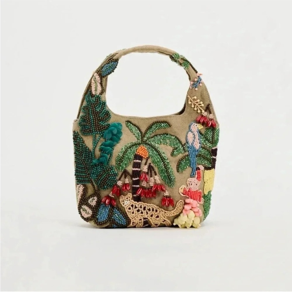NWOT ZARA BEADED BUCKET BAG CANVAS JUNGLE TROPICAL ANIMAL LIMITED EDITION